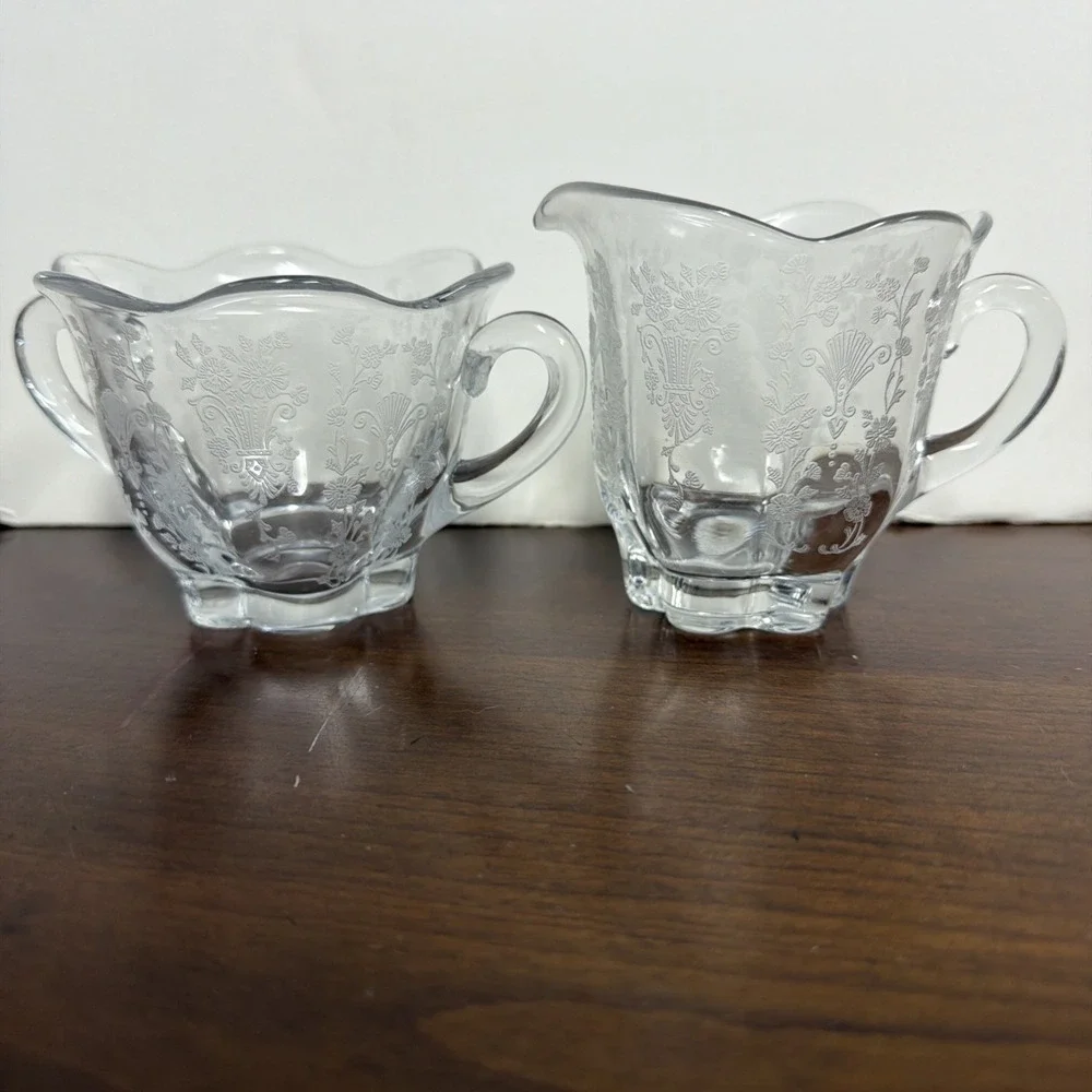 Duncan & Miller Canterbury Line‎ Etched Glass Cream and Sugar Bowl Floral Design